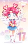  1girl angel_wings back_bow bishoujo_senshi_sailor_moon blue_eyes blue_sailor_collar blue_skirt boots bow bowtie chibi_chibi choker double_bun female_child gloves hair_bun hair_ornament heart heart_choker heart_hair_bun highres holding holding_staff knee_boots looking_at_viewer mini_wings pleated_skirt puffy_short_sleeves puffy_sleeves red_bow red_bowtie redhead sailor_chibi_chibi sailor_collar sailor_senshi_uniform sarashina_kau short_sleeves sidelocks skirt solo staff tiara twitter_username white_footwear white_gloves white_wings wings 
