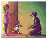  1boy 2girls ^_^ black_footwear black_hair black_jacket black_pants blunt_ends blush boots border child closed_eyes commentary_request door dragon_ball dragon_ball_super dress dress_shirt eyelashes family father_and_daughter female_child fingerless_gloves glasses gloves hairband hands_up happy husband_and_wife jacket koukyouji long_sleeves mother_and_daughter multiple_girls notice_lines open_mouth outstretched_arms pan_(dragon_ball) pants pantyhose profile purple_dress purple_footwear red_footwear red_gloves red_hairband running shirt shoes short_hair short_sleeves shorts sleeve_cuffs smile son_gohan spiky_hair squatting standing t-shirt teeth upper_teeth_only videl white_border white_shirt 