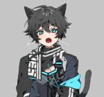  1boy animal_ears axia_krone black_hair black_jacket black_scarf black_shirt blue_eyes cat_ears cat_tail cleavage_cutout clothing_cutout grey_background hair_between_eyes jacket long_sleeves mmo!!!! nijisanji off_shoulder open_mouth scarf shirt sidelocks simple_background solo tail upper_body virtual_youtuber 