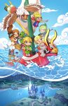  2boys 5girls absurdres air_bubble aryll belt blonde_hair blue_eyes blue_sky brown_hair bubble castle caustics clouds european_architecture fado_(wind_waker) flying green_headwear green_tunic harp highres instrument kai_texel komali korok laruto link long_hair makar medli multiple_boys multiple_girls one_eye_closed open_mouth outdoors pointing pointy_ears ponytail ship short_hair sky teeth tetra the_king_of_red_lions the_legend_of_zelda the_legend_of_zelda:_the_wind_waker toon_link upper_teeth_only water watercraft white_hair wings zora 