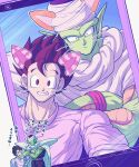  2boys animal_ears biceps black_eyes black_hair cape cellphone closed_eyes colored_skin commentary_request crossed_arms dougi dragon_ball dragon_ball_super drawn_ears drawn_whiskers face_filter frown green_skin grin highres holding holding_phone koukyouji long_sleeves looking_at_viewer male_focus multiple_boys namekian nervous_smile open_mouth phone piccolo purple_sash purple_shirt sash selfie shirt short_hair shoulder_pads sleeves_rolled_up smartphone smile son_gohan spiky_hair sweatdrop teeth translation_request turban whiskers white_cape 