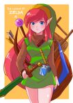  1girl arrow_(projectile) belt blue_eyes blush bomb book boomerang border bottle bow_(weapon) breasts brown_belt brown_sleeves commentary dot_nose elf english_commentary explosive eyebrows_hidden_by_hair floating_hair flute genderswap genderswap_(mtf) green_headwear green_tunic hat high_collar highres holding instrument jewelry key key_necklace ladder link_(shounen_captain) long_bangs long_hair long_sleeves looking_at_viewer medium_breasts necklace nonoworks pink_hair pointy_ears raft serious shiny_skin sidelocks signature simple_background solo staff standing swept_bangs sword the_legend_of_zelda the_legend_of_zelda_(nes) thighs triforce tunic turtleneck v-shaped_eyebrows very_long_hair water_bottle watermark weapon white_border wooden_shield yellow_background 