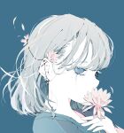  1girl absurdres blue_background blue_eyes blue_shirt choppy_bangs covering_mouth crying crying_with_eyes_open earrings falling_petals flower from_side grey_hair hair_flower hair_ornament highres holding holding_flower jewelry long_bangs looking_at_viewer medium_hair no_pupils nocopyrightgirl original pale_skin petals pink_flower portrait shirt simple_background solo tears 