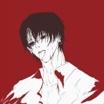  1boy black_eyes black_hair blood blood_on_face chrollo_lucilfer collarbone cross_tattoo earrings expressionless facial_mark facial_tattoo forehead_mark forehead_tattoo hair_between_eyes highres hunter_x_hunter jewelry male_focus red_background shirt short_hair simple_background solo tattoo tif_o white_shirt 