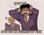  2boys ? black_eyes black_hair blonde_hair collared_shirt commentary english_commentary english_text formal grey_background hands_on_own_head holding image_macro_(meme) long_sleeves looking_at_another looking_at_viewer male_focus meme mob_psycho_100 mp100days multiple_boys necktie open_mouth reigen_arataka serizawa_katsuya shirt short_hair simple_background smile suit upper_body 