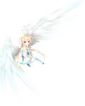  1girl angel angel_wings aqua_ribbon ascot bare_shoulders blonde_hair blue_bow blue_eyes blue_footwear blue_ribbon bow closed_mouth detached_sleeves feathered_wings feathers foreshortening frilled_skirt frills full_body fuyutsuki_tomo half_updo hand_up highres holding holding_feather leg_ribbon long_hair long_sleeves looking_at_viewer miniskirt official_art pleated_skirt ribbon shirayuki_noa shirt sidelocks simple_background skirt sleeveless sleeveless_shirt smile solo straight_hair tenshi_souzou thigh-highs transparent_background two_side_up very_long_hair white_ascot white_feathers white_shirt white_skirt white_sleeves white_thighhighs white_wings wide_sleeves wing_hair_ornament wings zettai_ryouiki 