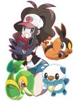  1girl :&lt; antenna_hair black_eyes blue_eyes brown_eyes brown_hair d_(pixiv544157) denim denim_shorts glow hat high_ponytail long_hair open_mouth oshawott outline pokemon pokemon_(creature) pokemon_(game) pokemon_black_and_white pokemon_bw ponytail short_shorts shorts simple_background smile snivy tepig touko_(pokemon) very_long_hair vest wristband zorua 