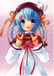  blue_eyes blue_hair bow braid cat dress hat highres ito_noizi itou_noiji long_hair original ribbon shawl smile twin_braids twintails 