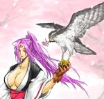  baiken bird breasts cleavage gloves guilty_gear hawk japanese_clothes kimono large_breasts one-eyed open_kimono pink_eyes pink_hair ponytail scar solo tattoo 