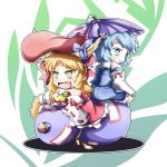  blonde_hair blue_eyes blue_hair bow chibi cosplay detached_sleeves gourd hair_bow hakurei_reimu hakurei_reimu_(cosplay) ibuki_suika karakasa karakasa_obake kochiya_sanae kochiya_sanae_(cosplay) long_hair nanatsuhane short_hair tatara_kogasa tongue touhou umbrella yellow_eyes 