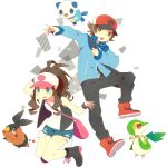  1boy 1girl baseball_cap blue_eyes brown_eyes brown_hair denim denim_shorts hat kokemomo_sayakusa oshawott pokemon pokemon_(creature) pokemon_(game) pokemon_bw ponytail shorts snivy tepig touko_(pokemon) touya_(pokemon) 