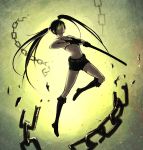  black_hair black_rock_shooter black_rock_shooter_(character) boots butjok chain gloves glowing glowing_eyes long_hair midriff serious short_shorts shorts sword twintails victor_fedotov weapon yellow_background yellow_eyes 