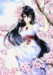  absurdres black_hair branch cherry_blossoms dress flower gensoudou highres jewelry long_hair necklace purple_eyes scan shiitake shiitake_(gensoudou) short_sleeves sitting solo white_dress 
