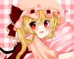  1girl blonde_hair bust checkered checkered_background fang flandre_scarlet hat hat_ribbon heart koyashaka looking_at_viewer mob_cap open_mouth pillow pillow_hug pointy_ears red_eyes ribbon short_sleeves side_ponytail solo touhou vest 