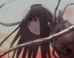  1girl armor biomega bodysuit long_hair monochrome red_eyes sakuma_tsukasa smile solo tentacles 