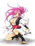  baiken breasts cleavage guilty_gear japanese_clothes kimono kneeling kote large_breasts leg_warmers obi one-eyed open_kimono pink_eyes pink_hair ponytail sandals scar solo tattoo toeless_legwear 