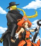  anchor back-to-back belt blonde_hair brown_eyes brown_hair cloud clouds fingerless_gloves gloves guilty_gear hand_holding hat holding_hands johnny johnny_(guilty_gear) long_hair may may_(guilty_gear) pirate pirate_hat skull_and_crossbones sunglasses 