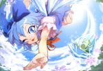  barefoot blue_eyes blue_hair bow cirno foreshortening frog frozen hair_bow hands ice im_(badmasa) large_bow looking_at_viewer outstretched_arm outstretched_hand short_hair snowflakes tongue touhou wink 
