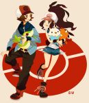  1boy 1girl baseball_cap denim denim_shorts hagiko hat legs oshawott pokemon pokemon_(creature) pokemon_(game) pokemon_bw shorts snivy tepig touko_(pokemon) touya_(pokemon) 