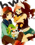  1boy 1girl baseball_cap blue_eyes brown_eyes brown_hair bukiyama denim denim_shorts hat oshawott pokemon pokemon_(creature) pokemon_(game) pokemon_bw ponytail shorts snivy tepig touko_(pokemon) touya_(pokemon) 