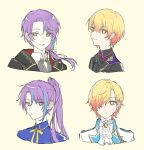  2boys ascot black_bow black_bowtie black_jacket blonde_hair blue_hair borrowed_hairstyle bow bowtie collared_shirt colorful_festival_(project_sekai) cosplay hair_over_one_eye highres jacket kamishiro_rui kamishiro_rui_(cosplay) kono_matsuri_ni_yuuyami_iro_mo_(project_sekai) looking_at_viewer low_ponytail multicolored_hair multiple_boys parted_lips period_of_nocturne_(project_sekai) project_sekai prsk112277 purple_hair ribbon scramble_fan_festa!_(project_sekai) shinshun!_shishimai_robo_no_oshougatsu_show!_(project_sekai) shirt short_hair streaked_hair tenma_tsukasa tenma_tsukasa_(cosplay) upper_body white_ascot white_background white_jacket white_ribbon yellow_eyes 