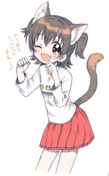  1girl akagi_miria amezawa_koma animal_ear_fluff animal_ears black_hair blush brown_eyes cat_day cat_ears cat_girl cat_tail cowboy_shot idolmaster idolmaster_cinderella_girls looking_at_viewer one_eye_closed open_mouth paw_pose red_skirt shirt short_hair simple_background skirt smile solo tail two_side_up white_background white_shirt 