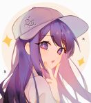  1girl commentary english_commentary grey_headwear grey_shirt hat hoshino_ai_(oshi_no_ko) long_hair open_mouth oshi_no_ko peaked_cap purple_hair shirt solo sparkle star_(symbol) star_in_eye swept_bangs symbol_in_eye v_over_mouth violet_eyes you_niao 