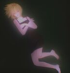  1other androgynous bare_shoulders barefoot black_background black_dress blonde_hair crossed_arms dress full_body gown highres hunter_x_hunter kurapika looking_at_viewer lying on_side red_eyes regene_ta short_hair simple_background sleeveless solo 