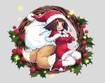  1girl :d animal_ears boots brown_background brown_hair christmas christmas_lights christmas_wreath dress elbow_gloves fox_ears fox_girl fox_tail full_body gloves hat holding holding_sack kukuri_(mawaru) mawaru_(mawaru) multiple_tails open_mouth original red_dress red_eyes red_footwear red_gloves sack santa_costume santa_hat simple_background smile solo tail thigh-highs white_thighhighs 