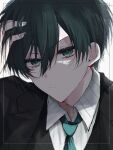  1boy black_eyes black_hair black_jacket blue_lock blue_necktie closed_mouth collared_shirt hand_up highres itoshi_rin jacket looking_at_viewer male_focus natsuneco_02 necktie shirt short_hair solo upper_body v-shaped_eyebrows white_background white_shirt 