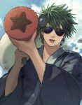  1boy absurdres cigarette clouds cloudy_sky commentary_request day fukuo_kidney gintama highres hijikata_toushirou holding holding_rocket_launcher japanese_clothes kimono male_focus official_alternate_costume outdoors sky smoke smoking solo sunglasses upper_body 