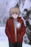  1boy aged_down blurry blurry_background chainsaw_man cowboy_shot crying crying_with_eyes_open denji_(chainsaw_man) frown godschildaran grey_shirt hands_in_pockets highres hood hoodie red_hoodie sad shirt short_hair snow snowball snowball_fight solo tears 