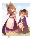  2girls ashiyu_(ashu-ashu) black_cape black_skirt blue_sky brown_eyes brown_hair cape closed_eyes clouds coat commentary_request commission dress drill_hair earmuffs eating eyewear_on_head fang food full_body holding holding_food multiple_girls multiple_sources open_mouth outdoors pointy_ears pointy_hair purple_coat round_eyewear sitting skeb_commission skin_fang skirt sky standing sunglasses touhou toyosatomimi_no_miko twin_drills white_dress yorigami_jo&#039;on 