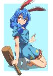  1girl ambiguous_red_liquid animal_ears blue_dress blue_hair closed_mouth crescent_print dress earclip full_body gyouza_(mhea5724) hair_between_eyes highres kine long_hair looking_at_viewer mallet rabbit_ears red_eyes seiran_(touhou) short_sleeves smile socks solo star_(symbol) star_print touhou white_socks 