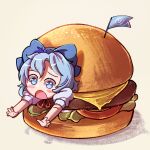  1girl blue_bow blue_eyes blue_hair bow burger cheese circled_9 cirno commentary dungeon_toaster english_commentary flag food hair_bow hamburger_steak highres lettuce looking_at_viewer open_mouth short_hair short_sleeves simple_background solo steak tomato touhou yellow_background 