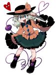  1girl black_footwear black_headwear blue_eyes boots buttons diamond_(shape) diamond_button frilled_shirt frilled_shirt_collar frilled_skirt frilled_sleeves frills furukawa_(yomawari) green_hair green_skirt hair_between_eyes hat hat_ribbon heart highres holding holding_knife holding_weapon knife komeiji_koishi long_sleeves looking_at_viewer medium_hair open_mouth ribbon shirt simple_background skirt sleeves_past_fingers sleeves_past_wrists smile solo third_eye touhou weapon white_background wide_sleeves yellow_ribbon yellow_shirt 