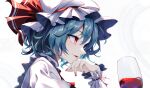  1girl blue_hair commentary cup drinking_glass from_side hat hat_ribbon highres parted_lips red_eyes red_nails red_ribbon remilia_scarlet ribbon short_hair solo touhou upper_body white_background white_headwear wine_glass wrist_cuffs yamanakaume 