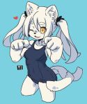  1girl :d animal_ear_fluff animal_ears black_bow blue_background blue_one-piece_swimsuit body_fur bow breasts cat_ears cat_girl cat_tail collarbone hair_bow long_hair looking_at_viewer mawaru_(mawaru) multiple_tails one-piece_swimsuit one_eye_closed open_mouth original simple_background smile solo suzubi_(mawaru) swimsuit tail twintails white_hair yellow_eyes 