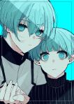  2boys age_comparison bags_under_eyes black_sweater blue_background blue_eyes blue_hair blue_lock closed_mouth highres holding_hands jacket looking_at_viewer male_focus multiple_boys natsuneco_02 short_hair sweater turtleneck turtleneck_sweater upper_body white_jacket you_hiori 
