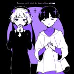 2boys black_background black_hair copyright_name cross facing_viewer looking_at_viewer multicolored_background multiple_boys open_mouth ori_(twcftw) praying purple_background rem_(twcftw) sesam344 short_hair sketch tomorrow_won&#039;t_come_for_those_without violet_eyes white_hair 
