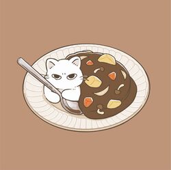  animal brown_background carrot cat commentary_request curry flat_color food food_focus highres holding holding_spoon iguana_taisa looking_at_viewer no_humans on_plate original plate potato simple_background spoon white_cat 