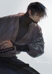  1boy black_hair closed_mouth covered_collarbone dated fushiguro_touji half-closed_eyes highres japanese_clothes jujutsu_kaisen male_focus sashiyu scar scar_on_face scar_on_mouth short_hair signature simple_background solo sword weapon 