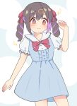  1girl bare_arms black_hair blue_dress blush brown_eyes center_frills commentary dress frills frown hair_between_eyes hair_ornament hair_ribbon hairclip highres multicolored_hair onii-chan_wa_oshimai! oyama_mihari puffy_short_sleeves puffy_sleeves purple_hair red_ribbon ribbon short_sleeves simple_background solo sparkle twintails two-tone_hair wow_357 