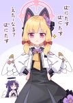  2girls =_= animal_ear_headphones animal_ears ascot azusa_(blue_archive) azusa_(blue_archive)_(cosplay) black_dress black_neckerchief black_sailor_collar blonde_hair blue_archive bow cat_ear_headphones closed_eyes closed_mouth commentary_request cosplay dress fake_animal_ears feathered_wings flower hair_bow hair_flower hair_ornament halo hands_on_own_hips harada_(sansei_rain) headphones highres long_hair long_sleeves low_tied_sidelocks low_wings mechanical_halo medium_dress mika_(blue_archive) mika_(blue_archive)_(cosplay) momoi_(blue_archive) multiple_girls neck_flower neckerchief pink_eyes pink_halo pleated_dress puffy_long_sleeves puffy_sleeves purple_flower purple_hair red_bow sailor_collar shirt short_hair solo_focus sparkle sweatdrop translation_request triforce two_side_up v-shaped_eyebrows white_flower white_shirt white_wings wings wrist_cuffs yellow_ascot yuuka_(blue_archive) 