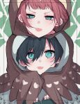  2boys :p aged_down black_hair blue_eyes blue_lock brothers closed_mouth cosplay green_background highres itoshi_rin itoshi_sae kigurumi looking_at_viewer male_focus multiple_boys natsuneco_02 redhead short_hair siblings tongue tongue_out upper_body v-shaped_eyebrows 