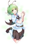  1girl absurdres antennae belt black_belt black_cape black_footwear black_skirt blush cape collared_shirt frilled_sleeves frills green_eyes green_hair highres legs_together open_mouth shirt shoes short_hair short_sleeves simple_background skirt smile socks solo touhou white_background white_shirt white_socks wriggle_nightbug yagoro_kusuriya 