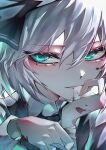  1girl 33_gaff aqua_eyes black_hairband blood blood_on_hands commentary grey_hair hairband konpaku_youmu long_sleeves looking_at_viewer parted_lips short_hair simple_background touhou upper_body white_background 