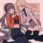  2girls absurdres ahoge akamatsu_kaede alternate_costume arm_at_side artist_name belt black_belt black_collar black_footwear black_hairband black_pants blonde_hair breasts brown_hair collar commentary crop_top danganronpa_(series) danganronpa_v3:_killing_harmony grey_shirt hair_ornament hairband hairclip hands_up harukawa_maki highres lemontea long_hair low_twintails midriff multiple_girls nail_polish navel pants pink_background pink_nails pink_shorts red_nails shirt shoes shorts small_breasts smile thigh-highs twintails 