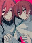  2boys age_comparison blue_lock chigiri_hyoma closed_mouth collared_jacket highres jacket knee_up long_hair long_sleeves male_focus multiple_boys natsuneco_02 pink_background red_eyes redhead short_hair sweatdrop upper_body white_jacket 