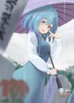  1girl 258n ;p absurdres blue_eyes blue_hair blue_skirt blue_vest commentary english_commentary heterochromia highres holding holding_umbrella juliet_sleeves karakasa_obake long_sleeves one_eye_closed outdoors puffy_sleeves red_eyes shirt short_hair skirt smile solo tatara_kogasa tongue tongue_out touhou umbrella vest white_shirt 